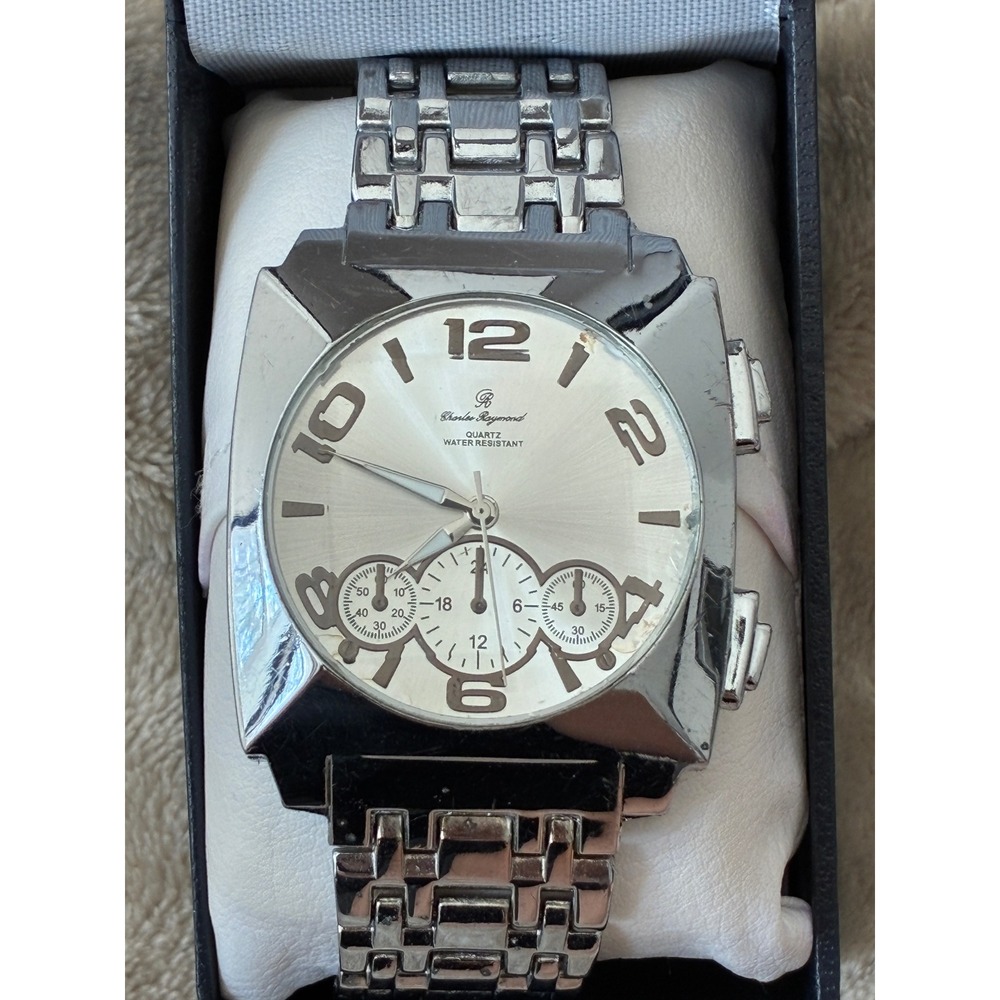 Charles Raymond Quartz Men's Watch 4209 Silver Tone Runs Missing Crown w/ Box